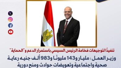 وزير العمل..يعلن عن ما أنفق من الحساب المركزي لرعاية العمالة غير المنتظمة وتعويضات حوادث