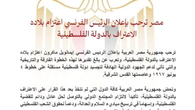 مصر ترحب بإعلان الرئيس الفرنسي اعتزام بلاده الاعتراف بالدولة الفلسطينية