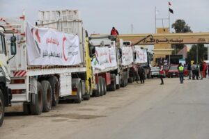 الهلال الأحمر المصري يدفع نحو 2400 طن مساعدات غذائية وطبية في قافلة «زاد العزة» الـ 16 إلى غزة