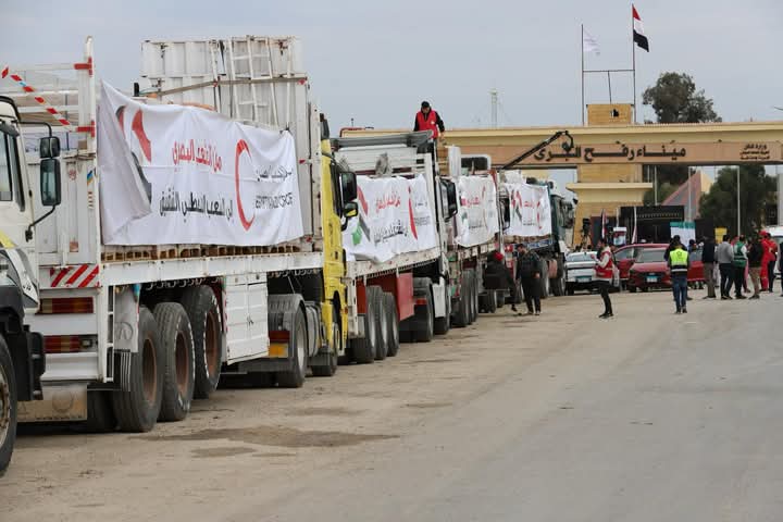 الهلال الأحمر المصري يدفع نحو 2400 طن مساعدات غذائية وطبية في قافلة «زاد العزة» الـ 16 إلى غزة
