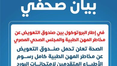  تحمل صندوق التعويض عن مخاطر المهن الطبية كامل رسوم الأطباء المتقدمين لامتحانات البورد المصري